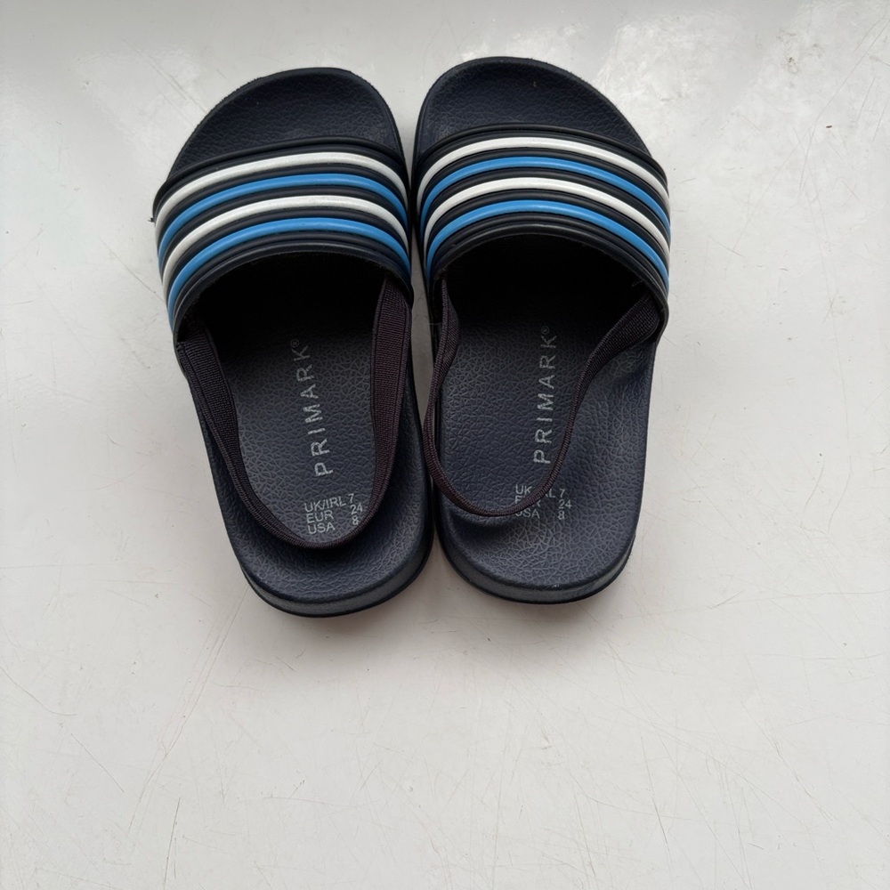 Primary Navy Slide Sandals with Blue and White Stripes